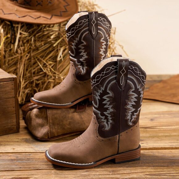 ⚡Kid Brown/Tan Synthetic Cowboy Western Riding Shoes Square Toe Wide Calf Boot - Picture 5 of 8